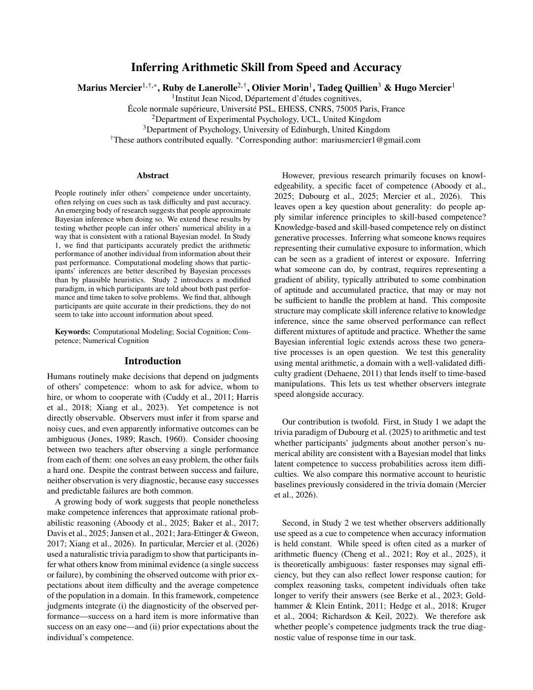 Inferring Arithmetic Skill from Speed and Accuracy